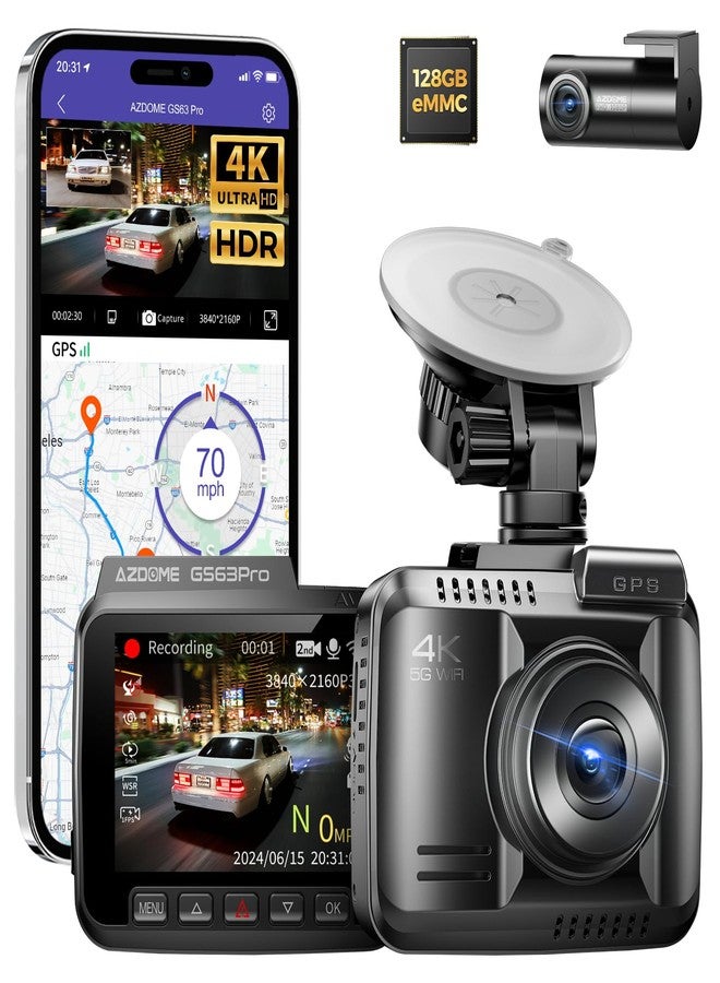 AZDOME 4K HDR Dash Cam with No-Light Full-Color Night Vision, 128GB eMMC, ADAS, 4K+1080P Dashcam Front and Rear, 5GHz WiFi GPS 24H Parking Mode Car Camera, GS63Pro - Image 1